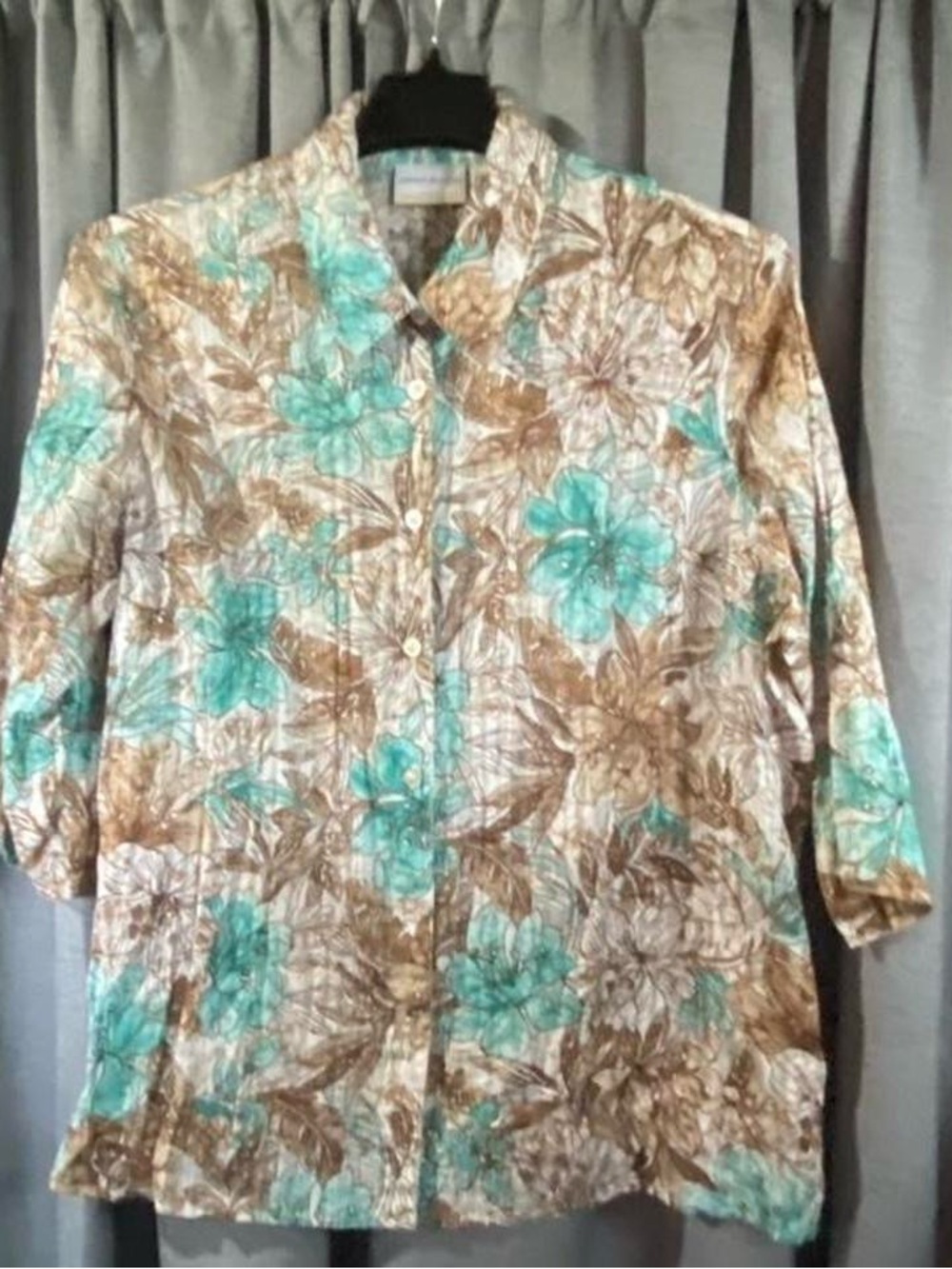Alfred Dunner Teal and Brown Floral Button-Down Blouse